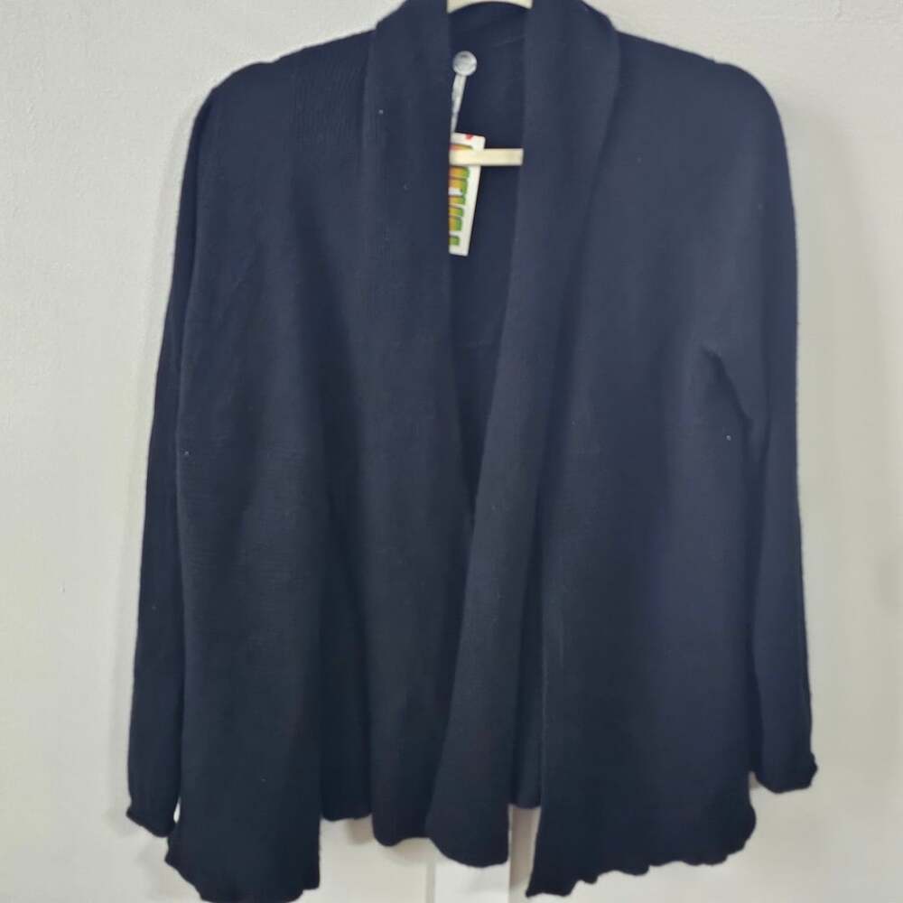 Margaret O'Leary 100% Cashmere Cardigan L Black Open Front Draped Quiet Luxury